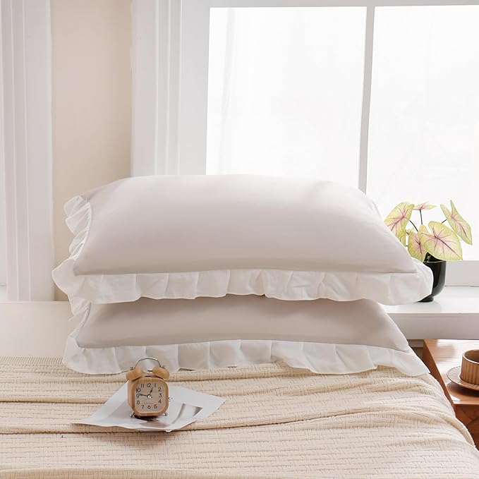 Merryword Beige Pillow Shams Standard Pillowcases 20x26inch Beige and White Reversible Cute Pillow Cover Set of 2 Soft Shabby Chic Ruffled Pillowcases