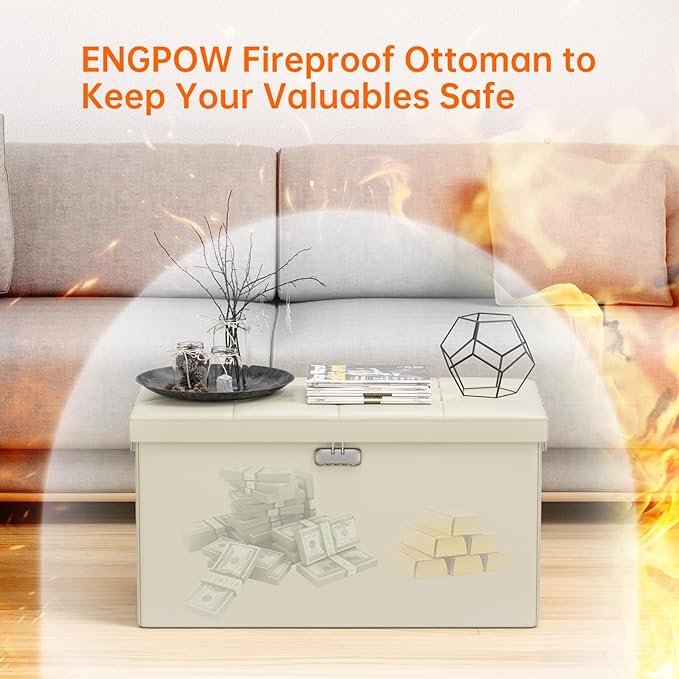 ENGPOW Storage Ottoman Bench,Fireproof Folding Bench with Lock,30 Inches Fire＆Water Resistant Storage Chest Foot Rest Stool Leather Bedroom Ottoman Safe for Documents,Valuables, Beige
