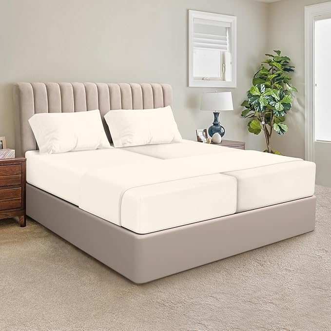 SGI Split King Sheet Set for Adjustable Bed Egyptian Premium Cotton 600 Thread Count Sheets for Sleep Number Bed 15" Deep Pocket 5 Pc Set with 2 Twin XL Fitted Sheets Soft Breathable -Ivory