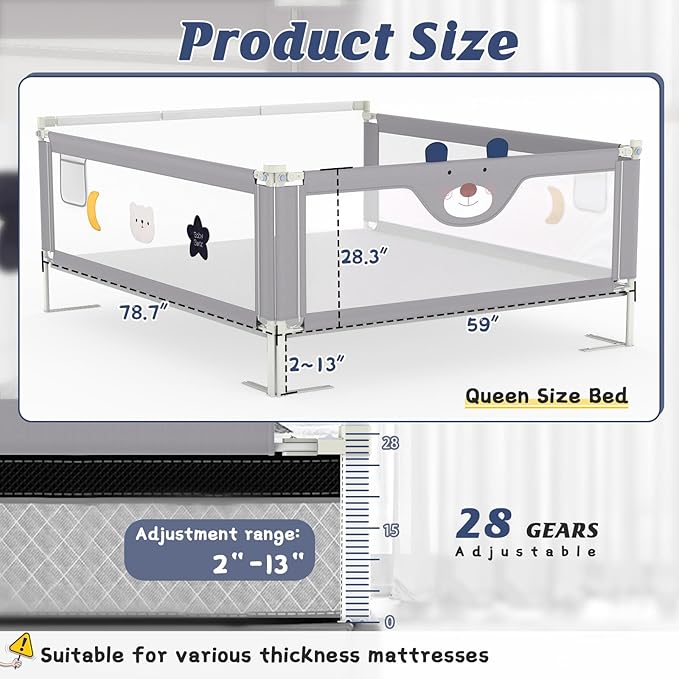 JWPEHOE 3-Piece Bed Rail for Toddlers with Headboard Rod, Adjustable Baby Bed Rail Guard, Twin/Full/Queen/King Size Bed (1, 78.7 Inch)