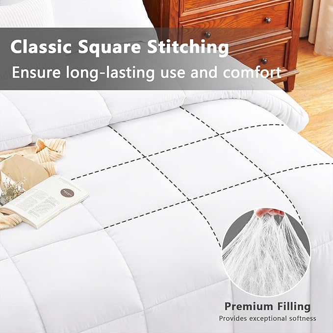 CozyLux King Size Comforter Set - 270GSM White Bedding Sets for All Seasons Size, 3 Pieces Box Stitched Bed Set with 1 Down Alternative Comforter and 2 Pillow Shams, Soft, Lightweight, Durable