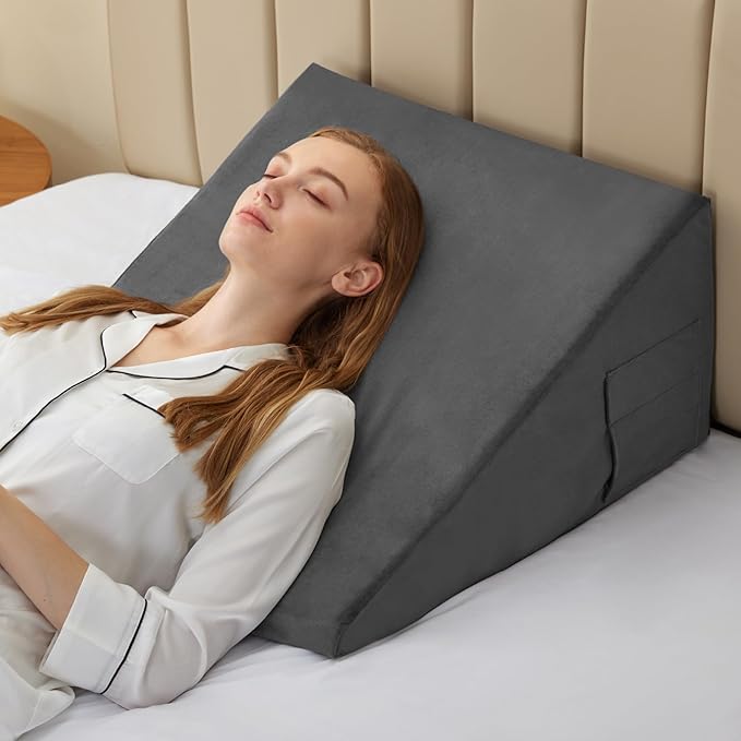 Bedluxe Wedge Pillow, 8 inch Bed Wedge Pillow for Headboard, Pillow Wedge for Acid Reflux Relief, Sleeping, After Surgery, Snoring, Gerd, Triangle Pillow Wedge - Cooling Memory Foam Top, Plush Grey