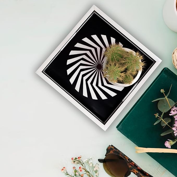 Handicrafts Home 12x12 Ottoman Tray with Handles, Black White Decorative Tray, Resin Inlay Coffee Table Tray for Living Room Decor, Modern Geometric Illusion Optic Pattern Square Serving Tray