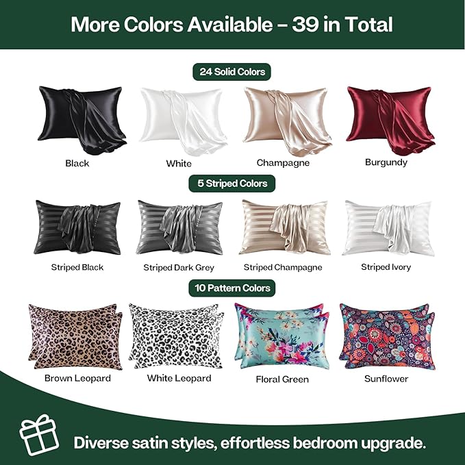 MR&HM Satin Pillowcase for Hair and Skin, Silk Satin Pillowcase 2 Pack, Queen Size Pillow Cases Set of 2, Silky Pillow Cover with Envelope Closure (20x30, Dark Green)