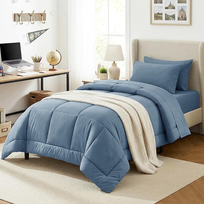 CozyLux Twin XL Comforter Set Dusty Blue, 5 Pieces Twin Extra Long Bed in a Bag for College Dorm, All Season Bedding Set with Stitch Quilted Comforter, Flat Sheet, Fitted Sheet, Pillowcases