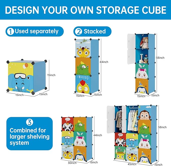 MAGINELS Kids Closet Organizers and Storage, 12 Cube Storage Organizer, Portable Closet Organizer Cubes Shelves for Clothes, Bedroom, Kids Room, Bathroom, Wardrobe, Garment Racks,Cube(14x14inch)