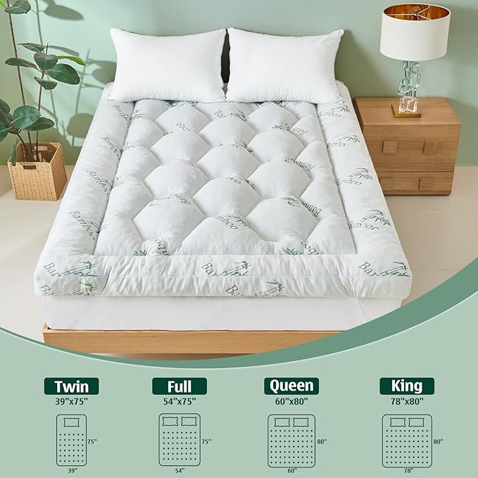 5 Inch Memory Foam Mattress Topper Twin Size, Breathable Viscose Made from Bamboo Pillow Top Mattress Pad Cover, Ultra Soft Bed Topper with 2000 GSM Foam Filling for Pain Relief, White, 39x75x5 in