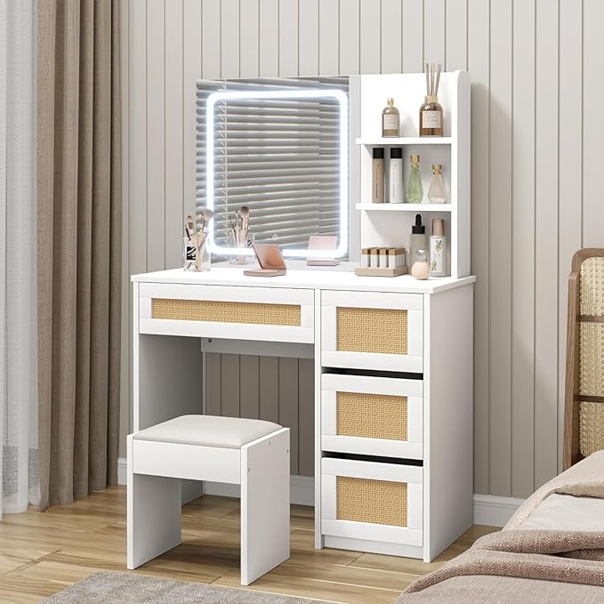 GarveeHome Rattan Vanity with Mirror, Makeup Vanity Desk with Adjustable LED Light, Large Storage Space and4 Drawers, 2 Tiers of Open Shelves for Bedroom in White & Natural