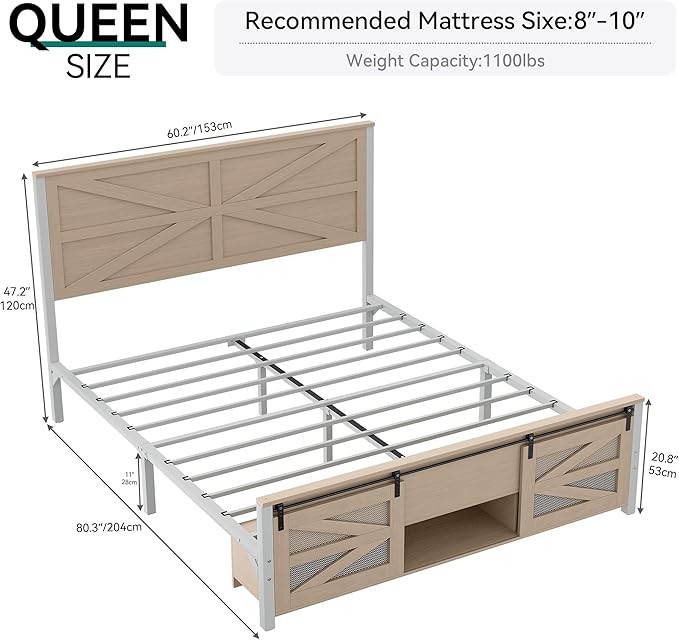 YITAHOME Queen Size Farmhouse Bed Frame with Sliding Barn Door Storage Cabinets, Platform Bed Frame with 47.2" Headboard, Solid Metal Slats Support, Noiseless, No Box Spring Needed, Oak