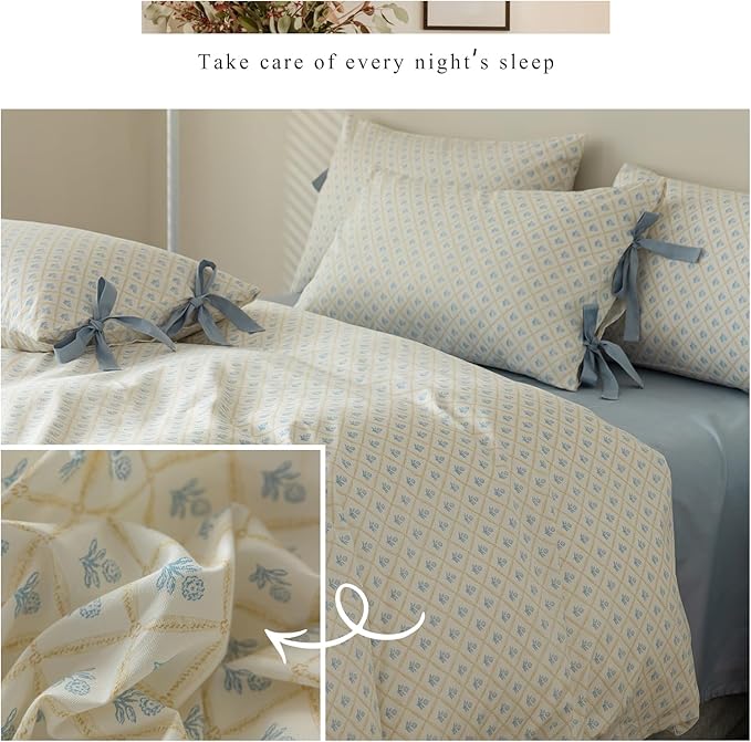 mixinni Blue Floral Duvet Cover Set King - 3 Piece Cottagecore Bedding Set with Bow Ties & Zipper Closure, 100% Cotton Soft Aesthetic Comforter Cover for Girls, Lightweight Breathable Country Style