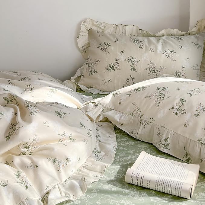 mixinni Reversible Sage Green Floral Duvet Cover Set Full Size - 100% Cotton Soft Botanical Bedding with Ruffle Lace, 3 Pieces Cute Aesthetic Cottagecore Antique Style Duvet Cover Set for Girls Women