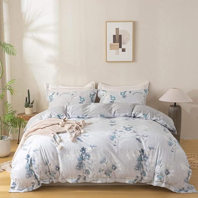 OAITE Duvet Cover Set King Size Floral Pattern Ultra Soft 100% Cotton Duvet Cover Sets 3-PC, Breathable Duvet Cover with Zipper Closure & Corner Ties(2 Pillow Shams,1 Duvet Cover)