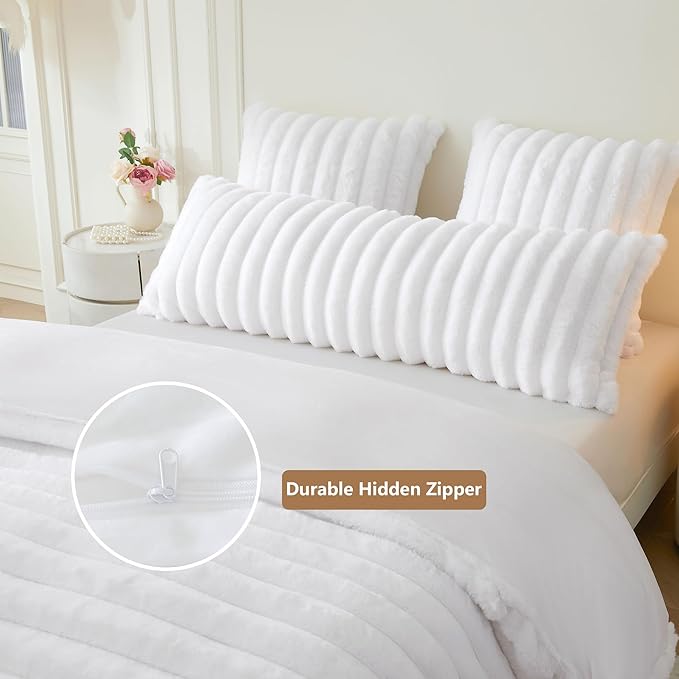MEGO Fluffy Faux Rabbit Fur Body Pillow Cover, Soft Plush Fuzzy Wide Striped 20x54 Zippered Body Pillowcase, Decorative Shaggy Furry Bedroom Long Pillow Cover for Pregnant Women Side Sleeper, White
