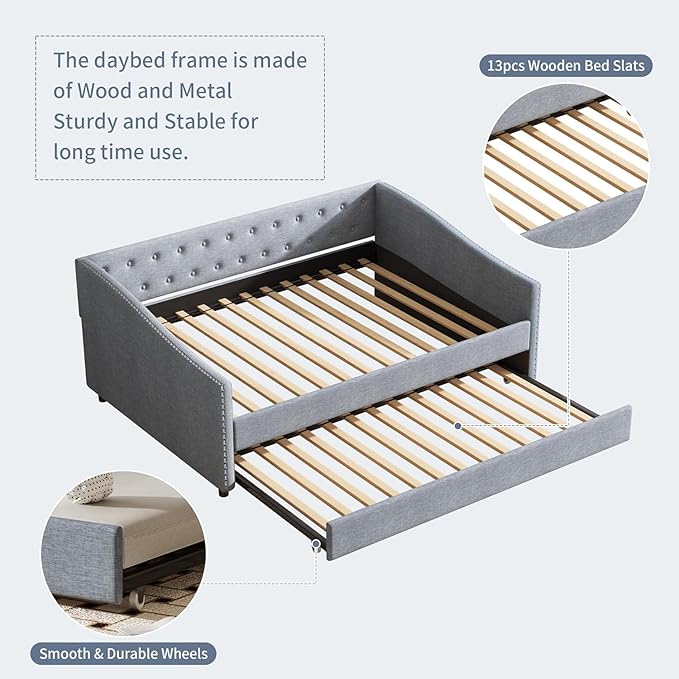 Upholstered Daybed with Trundle, Full Size Day Bed w/Button-Tufted Back and Piping on Waved-Shape Arms for Bedroom or Guest Room, No Box Spring Required, Light Gray
