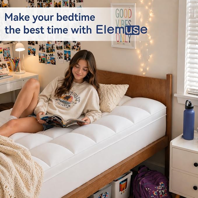 ELEMUSE Twin Mattress Topper for Back Pain, Extra Thick Mattress Pad Cover, Plush Soft Pillowtop with Elastic Deep Pocket, Overfilled Down Alternative Filling