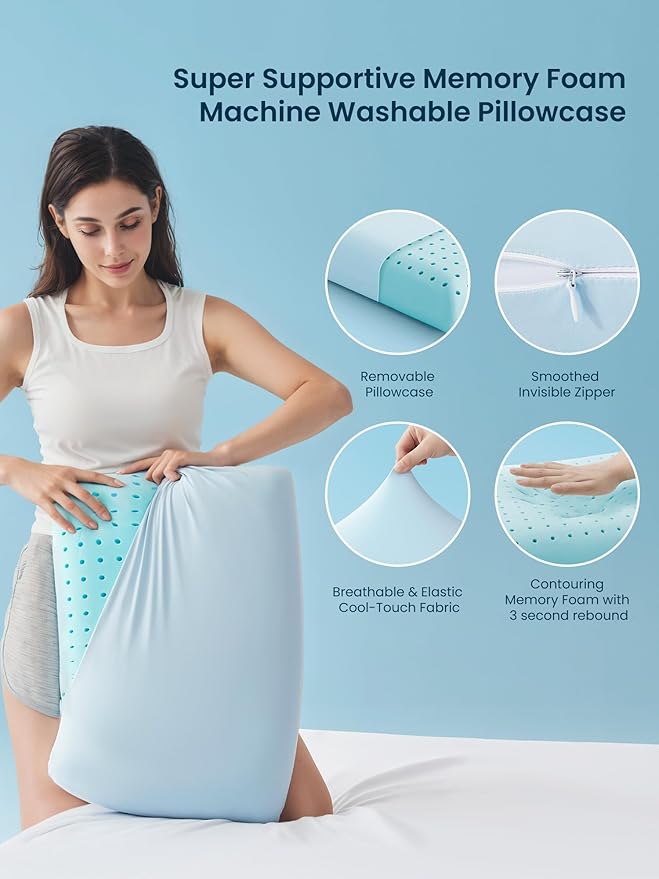 SLEEP ZONE Cooling Memory Foam Pillow - Odorless, Breathable, Skin-Friendly with Superior Support for Back, Stomach or Side Sleepers, Home, Hotel, Hospital Essentials (Blue, Queen, 1 Pack)
