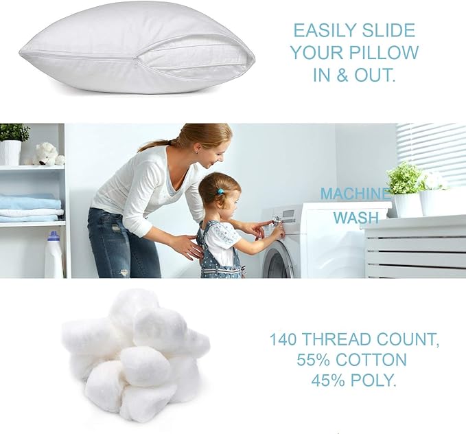 The Grand Pillow Covers Queen Size - Poly-Cotton Pillow Protector with Zipper - Moisture Wicking, Advanced Allergy Protection Pillow Protector - Protects Pillow from Dust, Dirt, and Debris (2 Pack)
