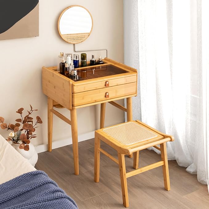 CHARMAID Makeup Vanity Table with Stool, Bamboo Vanity Desk with Rotating Mirror, 2 Drawers, Deep Storage Alcove, Tempered Glass Tabletop, Girls Dressing Table for Small Space Bedroom