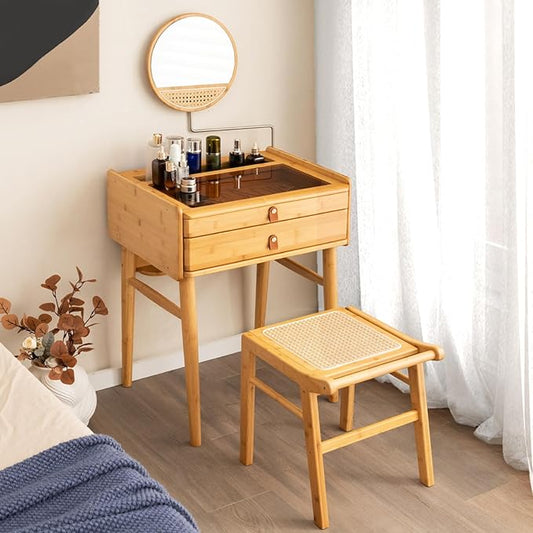CHARMAID Makeup Vanity Table with Stool, Bamboo Vanity Desk with Rotating Mirror, 2 Drawers, Deep Storage Alcove, Tempered Glass Tabletop, Girls Dressing Table for Small Space Bedroom