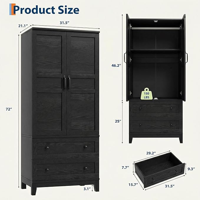 IDEALHOUSE Armoire Wardrobe Closet with 2 Drawers, 72" Tall Wooden Clothing Wardrobe with Hanging Rod & DIY Adjustable Shelf, Heavy Duty Bedroom Armoire Storage Cabinet with Doors, Rustic Black