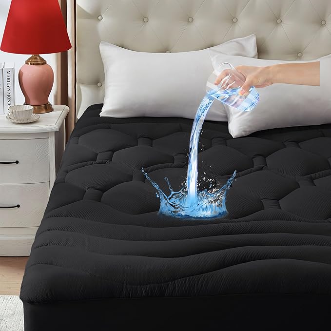 ELVEN HOME Twin Size Mattress Pad Waterproof, Pillow Top Cooling Twin Mattress Topper for Single Bed, Pee Proof Mattress Protector Cover Quilted Fitted with 8-21" Deep Pocket (39x75 inch, Black)
