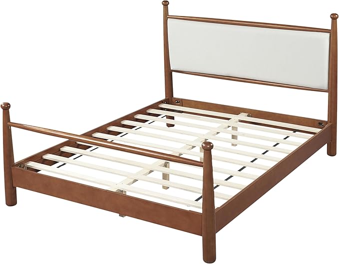 Merax Modern Queen Size Solid Wood Platform Bed with Upholstered Headboard, Mid-Century Low Bed Frame with Sturdy Wood Legs/No Box Spring Needed/Easy Assembly, Beige+Walnut