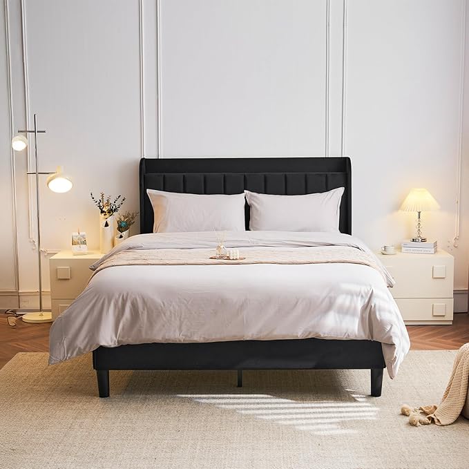 VINGLI Upholstered Platform Bed Queen Panel Bed Frame with Headboard, Wingback Storage Bed Queen with Charging Station, Velvet Black