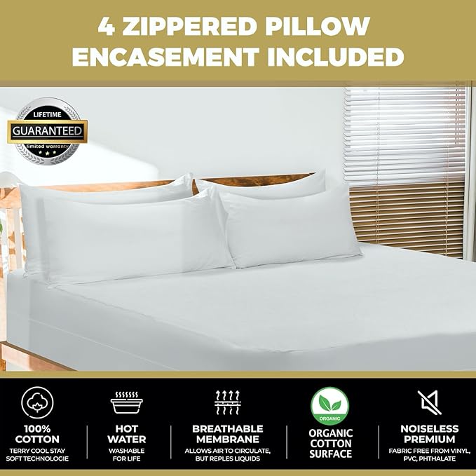 4-Pack MATTSHIELD Max Comfort Pillow Protectors, King — Zippered, 100% Waterproof, Organic Cotton Terry Surface, Quiet & Breathable Pillowcase Covers