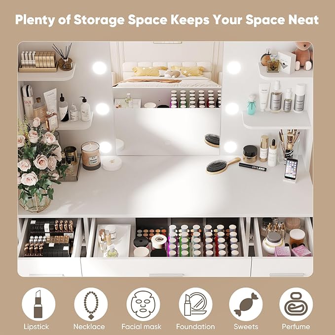 DUMOS Vanity Desk Makeup with Mirror LED Lights, Table with Power Outlet 3 Drawer, 4 Storage Shelves & 2 Cabinets, 3 Lighting Modes & Adjustable Brightness, Dressing Tables for Bedroom, White