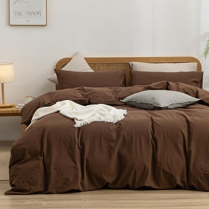 BESTOUCH Duvet Cover Set 100% Washed Cotton Linen Feel Super Soft Comfortable Chic Lightweight 3 PCs Home Bedding Set Solid Cocoa Brown Alaska King