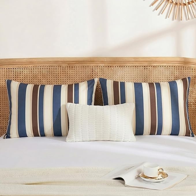 Merryword 100% Cotton Pillow Cases, Queen Size Pillowcases, Blue Striped Pillowcases, Luxury Linen Like Pillowcase, Soft Breathable Cabana Stripes Pillow Covers, Set of 2