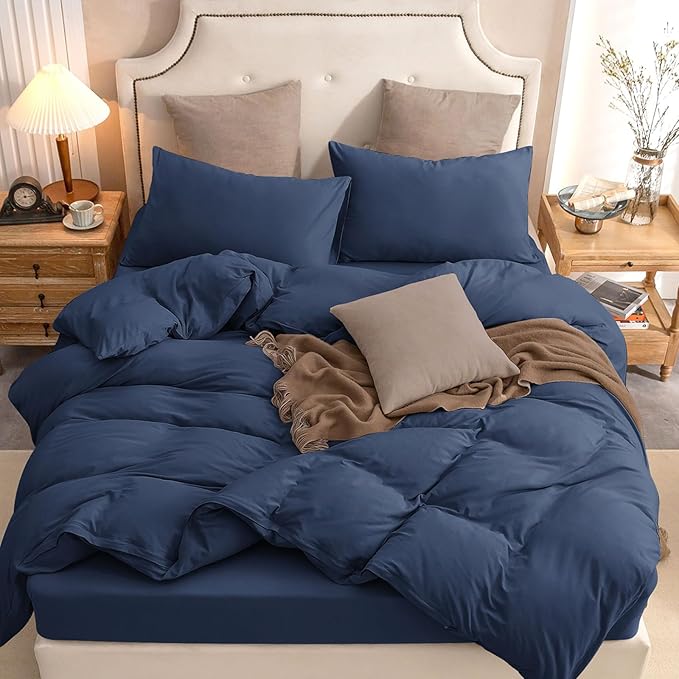 PURE ERA Jersey Knit Duvet Cover Set 100% T-Shirt Cotton Super Soft Comfy 3pc Bedding Set with Zipper Closure (Solid Navy Blue, Queen, 90"X90")