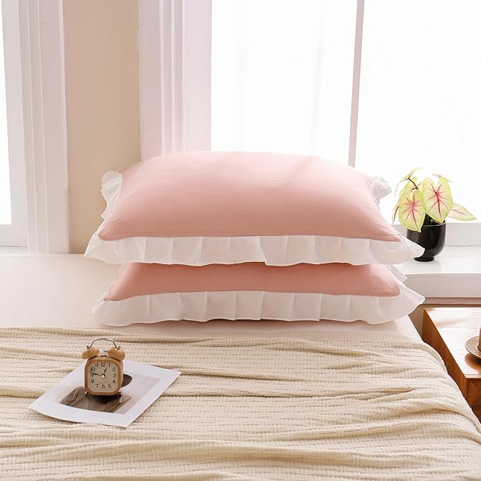 Merryword Pink Pillow Shams Standard Pillowcases 20x26inch Pink and White Reversible Cute Pillow Cover Set of 2 Soft Shabby Chic Ruffled Pillowcases