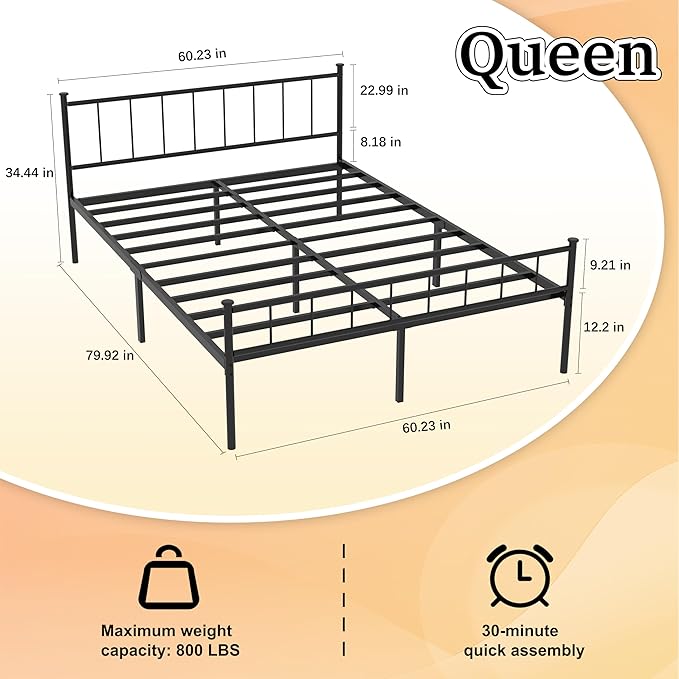 Queen Metal Platform Bed Frame, Victorian Vintage Style, Wrought Iron Headboard, Steel Slats, No Box Spring Needed (Black, Queen)