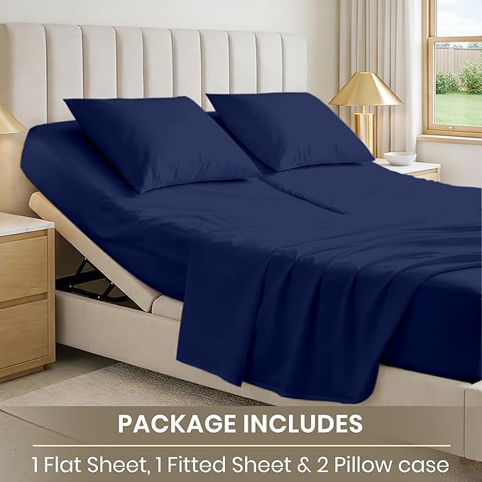 SGI bedding 34" Cal King Split Top Flex Head Sheet 100% Egyptian Cotton Sheet Set 1000 Thread Count Flex Top Sheet for Adjustable Bed 4Pc Sheet Set 15" Deep Pocket for Sleep Number Bed - Navy Blue