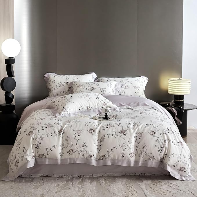 VM VOUGEMARKET Lilac Flower Duvet Cover Queen Silk-Like Smooth & Cool Eucalyptus Lyocell Duvet Cover with 2 Pillow Shams,Moisture Wicking Cooling Bedding Set for Summer-Queen,Purplish Grey