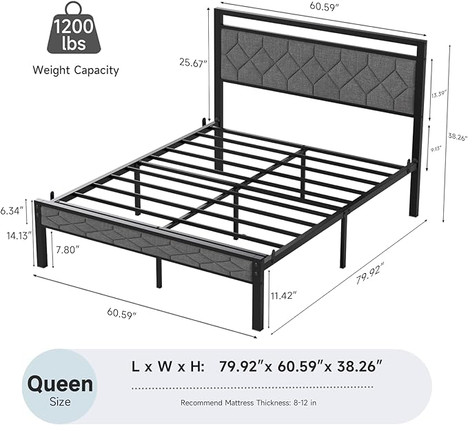 Z-hom Easy Assembly Upholstered Platform Bed Frame with Soft Padded Headboard, Modern Linen Fabric Mattress Foundation, No Box Spring Needed, Noise-Free & Sturdy Metal Support, Queen Size (Grey)