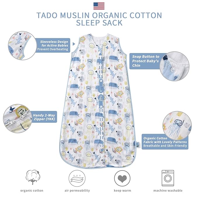 TADO MUSLIN Toddler Sleep Sack 1-2T, 0.5 TOG Lightweight Wearable Blanket, 100% Organic Cotton Muslin, Sleeveless, 2-Way YKK Zipper, OEKO-TEX Certified