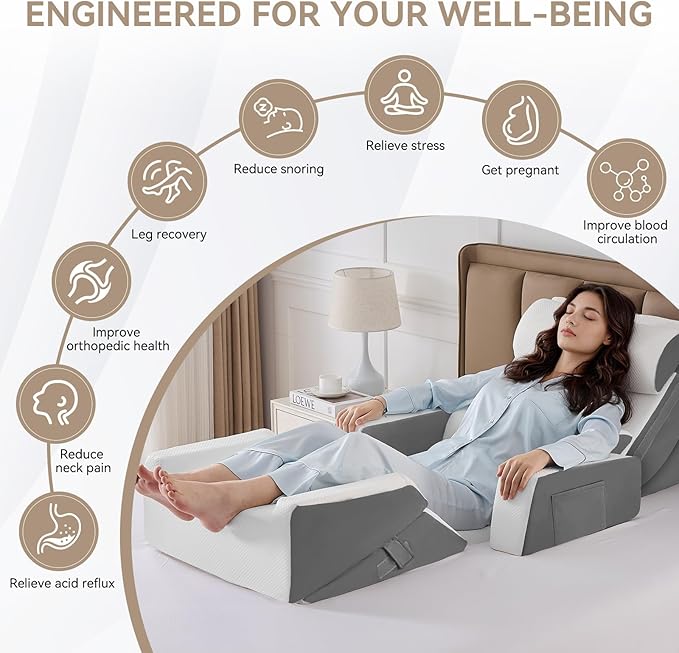 Yojoker 9PCS Orthopedic Bed Wedge Pillow Set for Sleeping, Back and Leg Pain Relief, Post Surgery Foam Pillow for Body, Triangle Adjustable Support Pillow - Acid Reflux Sleeping Pillows Grey