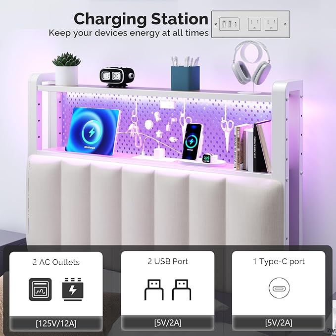 VINGLI Twin Size Headboard for Bed, Upholstered Headboards with Storage, Charging Stations and LED Lights, 2 Tier Shelves and Pegboard, Modern Twin XL Bed Head Board, Adjustable Height, White