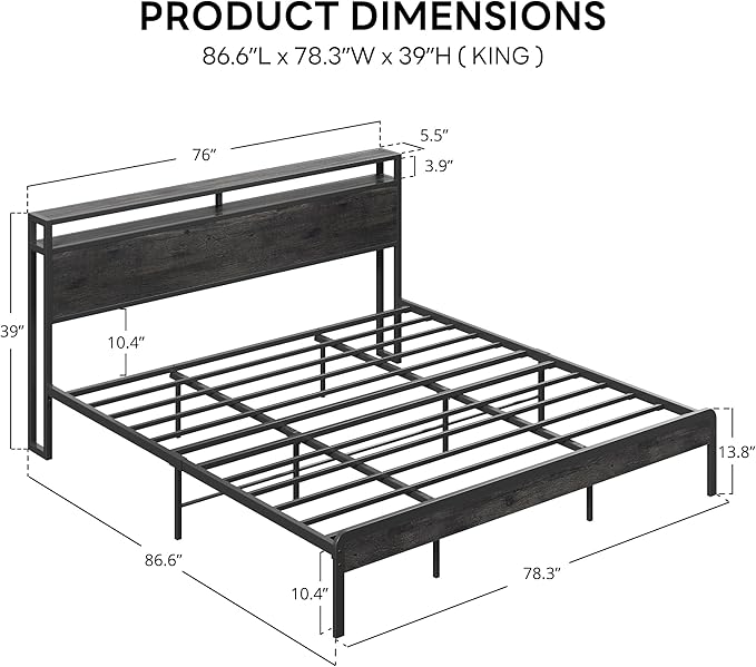 LIKIMIO King Bed Frame with Headboard, Dark Wood Camas King with Strong Supports, Sturdy, Noise-Free, No Box Spring Needed, Grey