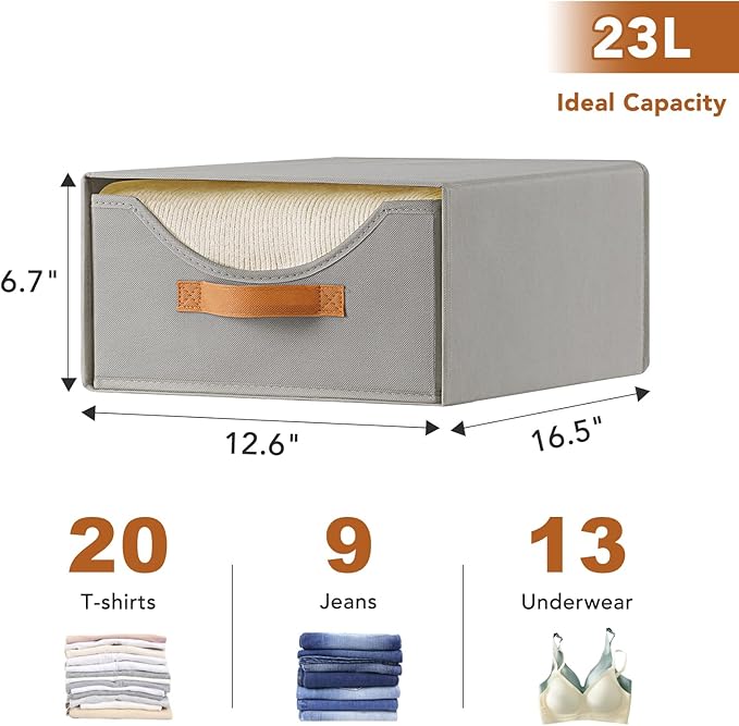 4 Pcs 16.5" Closet Drawers and Large Size Clothes Storage Bins Push-Out Storage Stackable Shelf Drawers with See-Through Window Closet Organizers for Bedroom, Living Room, Under Bed, Grey