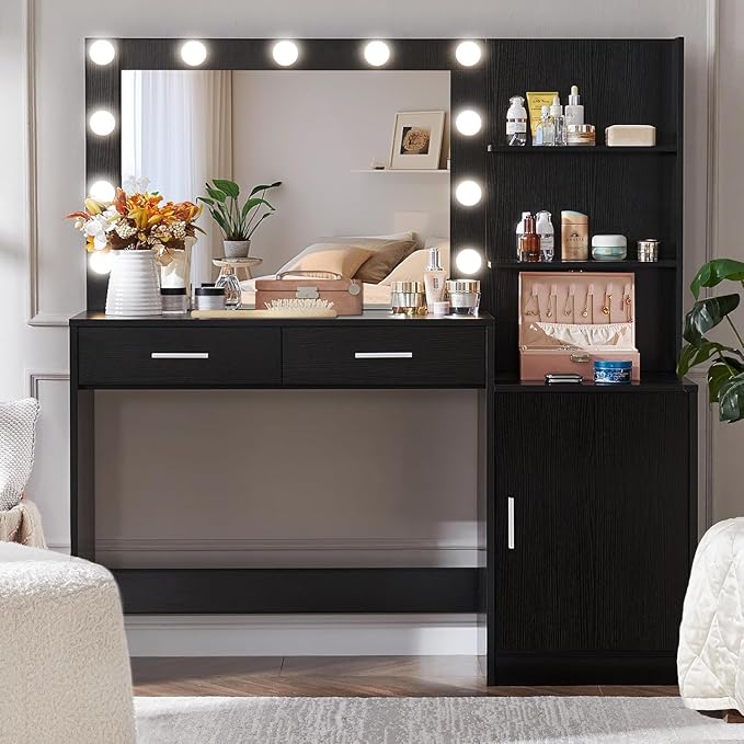 Palimder Vanity Desk with Lamp Bulb Mirror Drawers,Vanity Storage Bench,Makeup Vanities Table for Bedroom