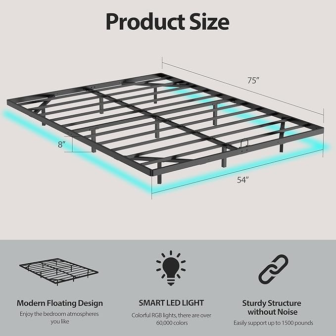 Floating Bed Frame with Smart LED Lights Metal Platform Bed Easy Assembly No Box Spring Needed (Full)