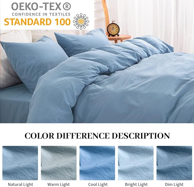 NEXHOME PRO Duvet Cover Set Kids Twin Size Linen Look Textured Organic Natural 100% Washed Cotton Duvet Cover Blue Bedding Set with Zipper Closure, Corner Ties, Breathable (No Comforter)