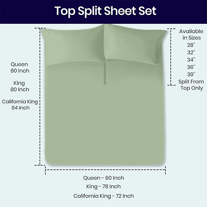 SGI bedding 36" Cal King Split Top Flex Head Sheet 100% Egyptian Cotton Sheet Set 1000 Thread Count Flex Top Sheet for Adjustable Bed 4Pc Sheet Set 15" Deep Pocket for Sleep Number Bed - Moss