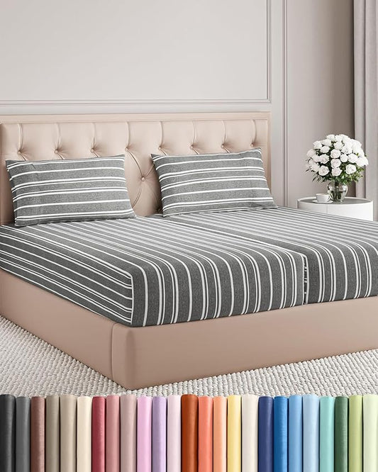 Split King Size 5 Piece Sheet Set - Comfy Breathable & Cooling Sheets - Hotel Luxury Bed Sheets for Women & Men - Deep Pockets, Easy-Fit, Soft & Wrinkle Free Sheets - Grey Stripes Oeko-Tex Bed Sheets
