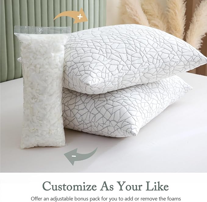 BPC Premium Rayon Derived from Bamboo Firm Pillows King Size Set of 2 - Hypoallergenic Shredded Memory Foam Pillows with Removable Cover Bed Pillows for Side Stomach and Back Sleepers, CertiPUR-US