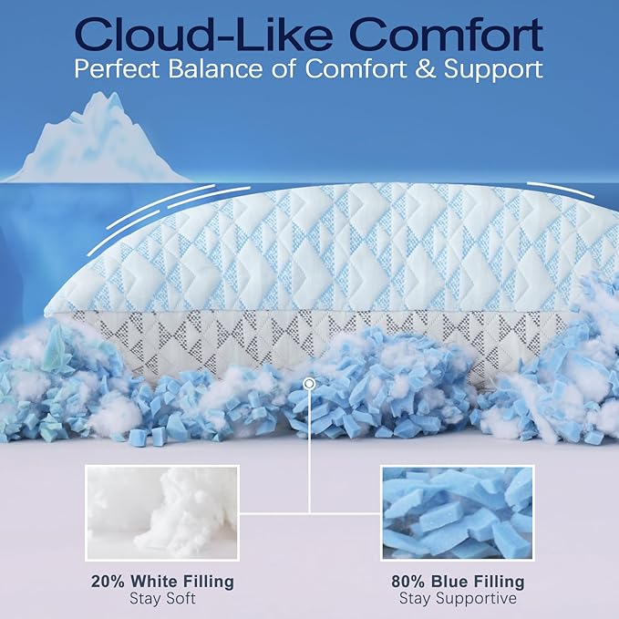 Cooling Shredded Memory Foam Pillows: Adjustable Bed Pillows for Sleeping, Queen Size Set of 2, Customizable Loft & Firm Support for Side Back Stomach Sleepers