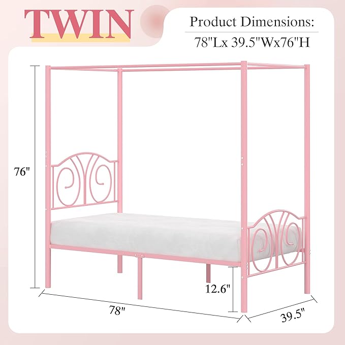 VECELO Metal Canopy Bed Frame Twin Size, 4 Posters Platform Mattress Foundation with Headboard, Heavy Duty Steel Slats Support, No Box Spring Needed, Pink